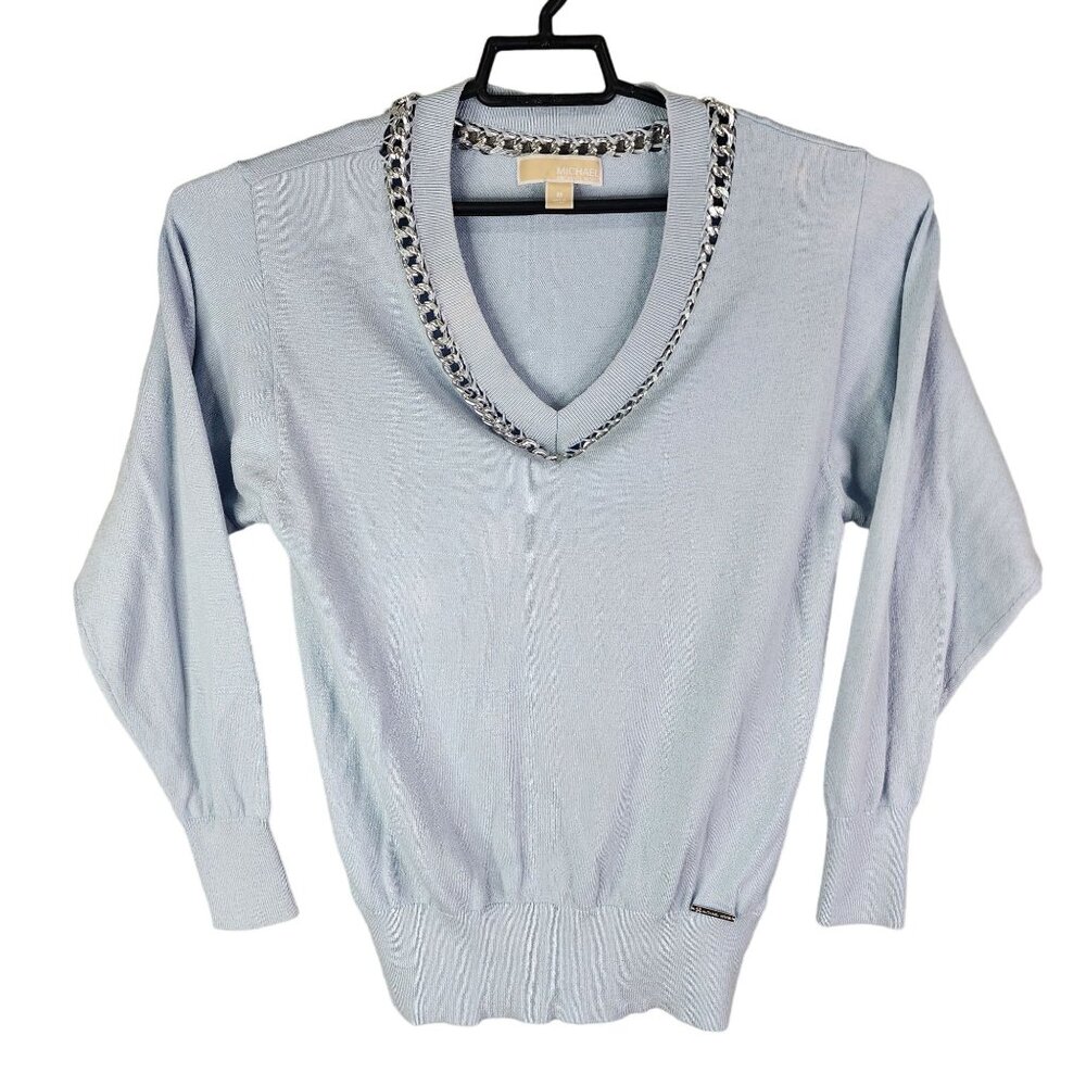 Womens Light Blue Michael Kors Sweater Chain Detail V-Neck Long Sleeve Size M